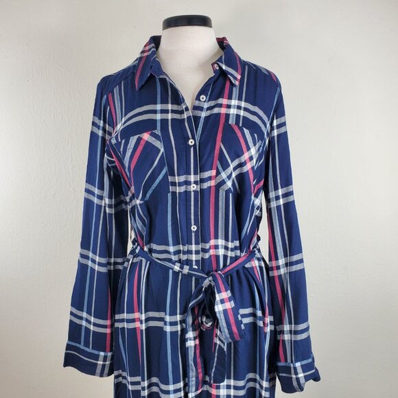 Motherhood maternity blue plaid dress large belted Roll Tab Sleeves pockets NWT - Picture 2 of 9